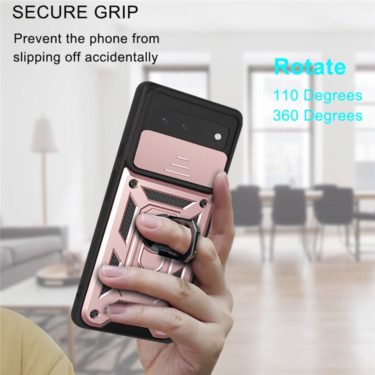 Ring Kickstand Design Anti-scratch Anti-fingerprint Camera Slide Cover PC + TPU Anti-fall Hybrid Case Cover for Google Pixel 6 - Rose Gold