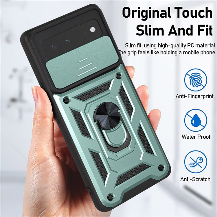 Ring Kickstand Design Anti-scratch Anti-fingerprint Camera Slide Cover PC + TPU Anti-fall Hybrid Case Cover for Google Pixel 6 - Green