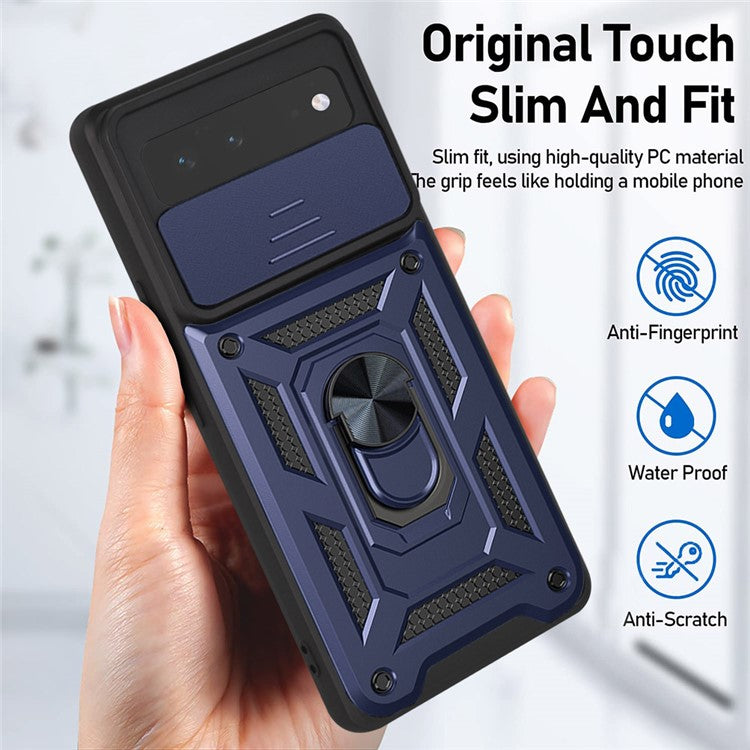 Ring Kickstand Design Anti-scratch Anti-fingerprint Camera Slide Cover PC + TPU Anti-fall Hybrid Case Cover for Google Pixel 6 - Blue