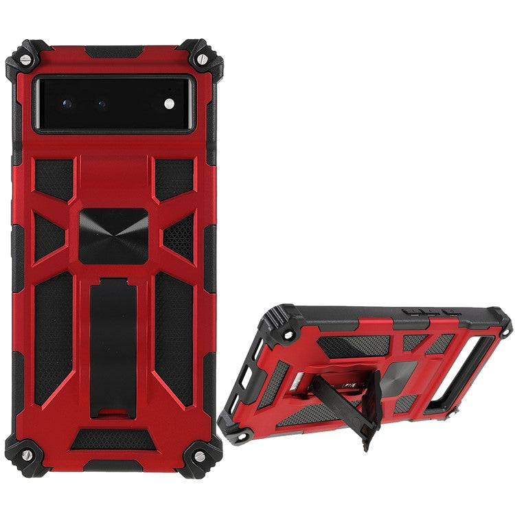 Kickstand Flexible TPU + Hard PC Shockproof Back Cover with Built-in Metal Sheet for Google Pixel 6 - Red