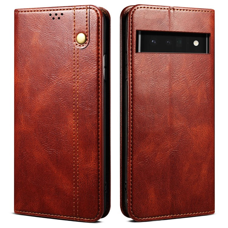 Waxy Crazy Horse Texture Shock Absorption Phone Case Well-protected PU Leather Wallet Stand Cover for Google Pixel 6a - Brown