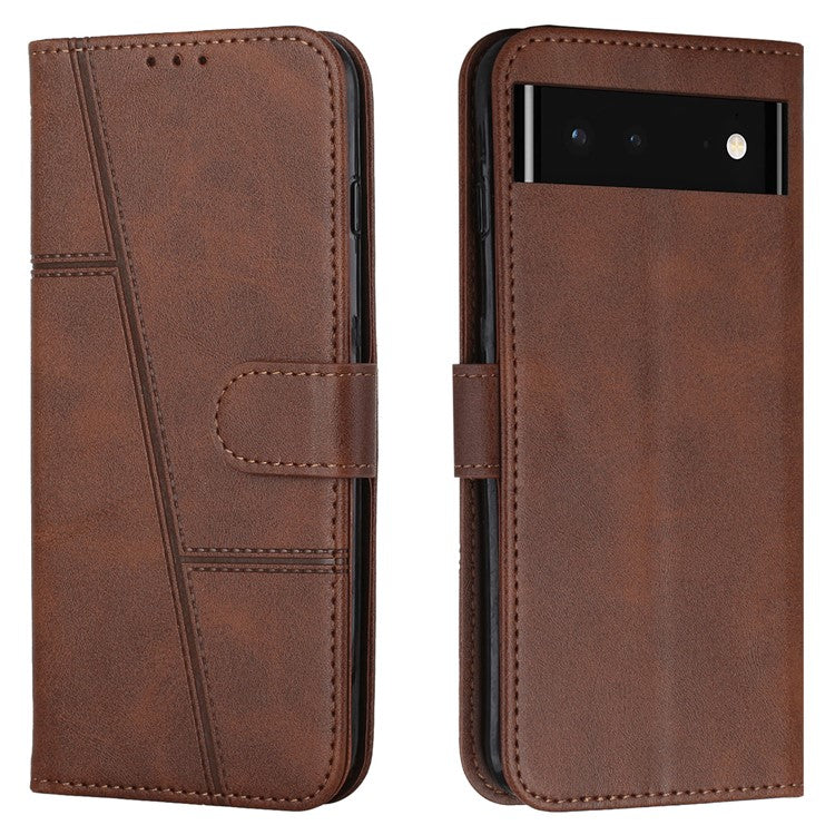 PU Leather Cover All-round Protection Magnetic Closure Stand Wallet Splicing Phone Case for Google Pixel 6 - Brown