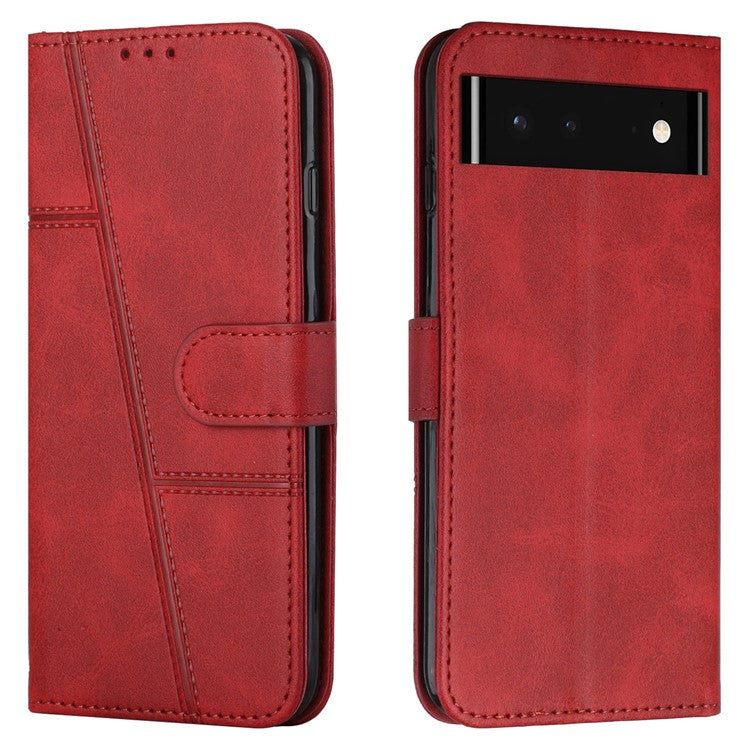 PU Leather Cover All-round Protection Magnetic Closure Stand Wallet Splicing Phone Case for Google Pixel 6 - Red