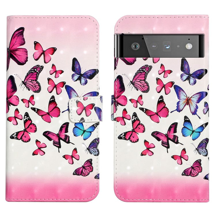 Pattern Printing Light Spot Decor Foldable Stand PU Leather Phone Case Cover with Wallet for Google Pixel 6 Pro - Pink Blue Butterfly