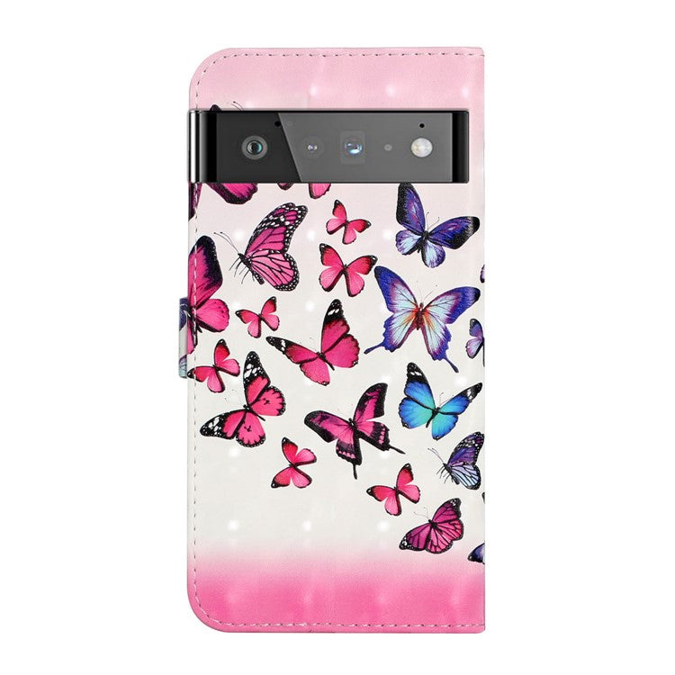 Pattern Printing Light Spot Decor Foldable Stand PU Leather Phone Case Cover with Wallet for Google Pixel 6 Pro - Pink Blue Butterfly