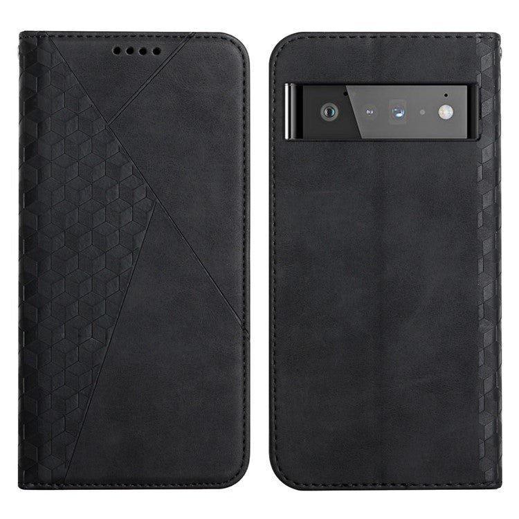 Wallet Stand Design Skin-touch Rhombus Pattern TPU Inner Case Strong Magnetic Auto-absorbed Closure Leather Phone Cover for Google Pixel 6 Pro - Black