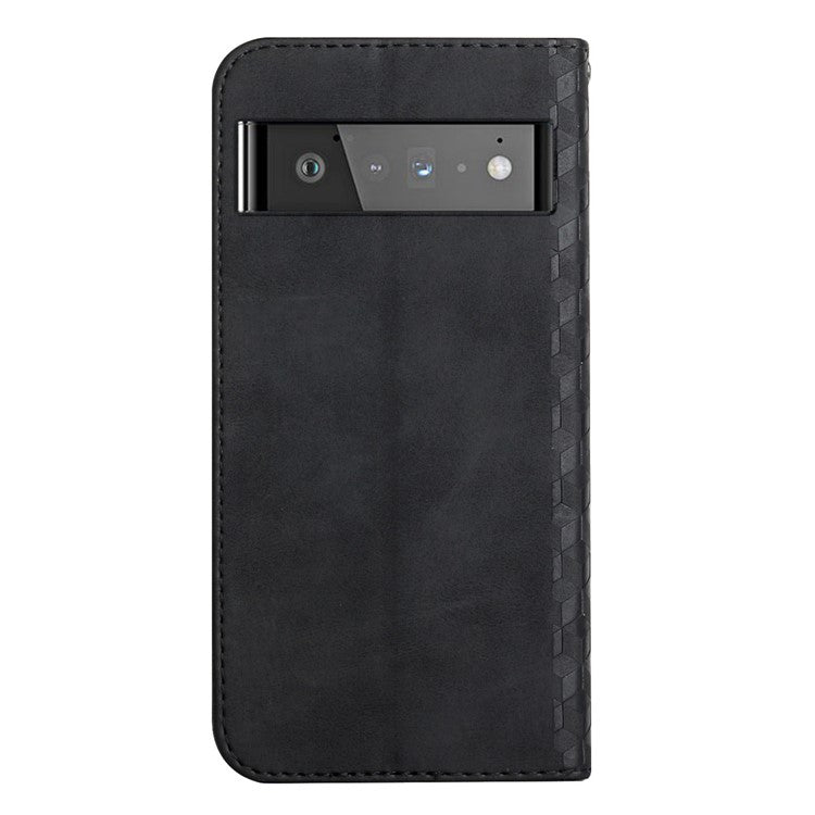 Wallet Stand Design Skin-touch Rhombus Pattern TPU Inner Case Strong Magnetic Auto-absorbed Closure Leather Phone Cover for Google Pixel 6 Pro - Black