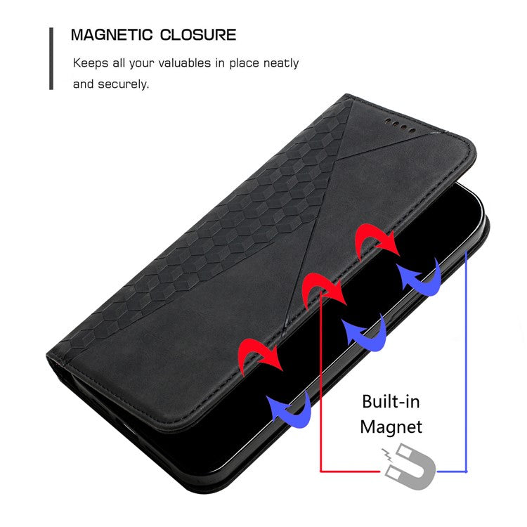 Wallet Stand Design Skin-touch Rhombus Pattern TPU Inner Case Strong Magnetic Auto-absorbed Closure Leather Phone Cover for Google Pixel 6 Pro - Black