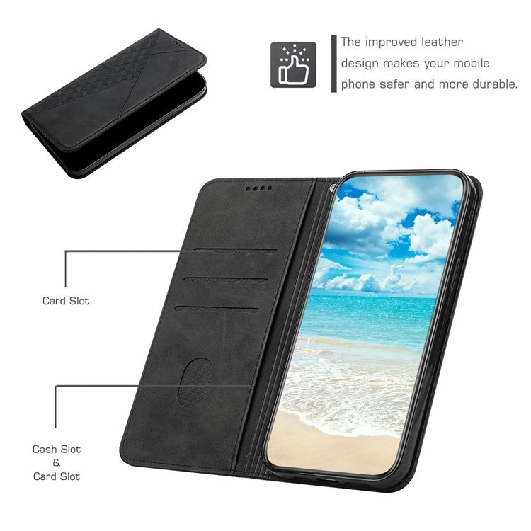 Wallet Stand Design Skin-touch Rhombus Pattern TPU Inner Case Strong Magnetic Auto-absorbed Closure Leather Phone Cover for Google Pixel 6 Pro - Black