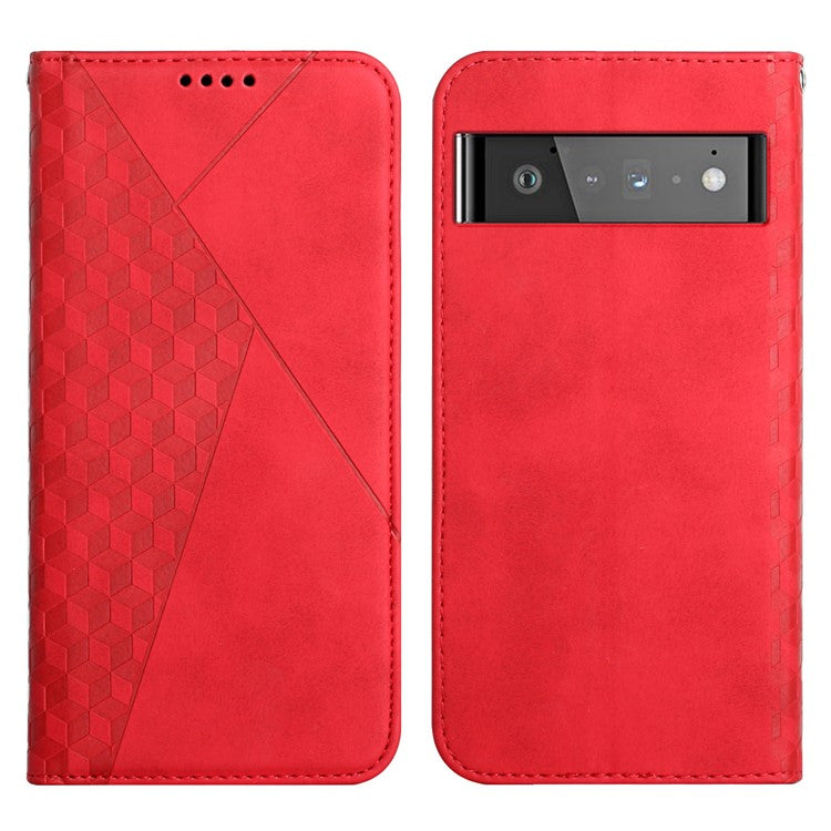 Wallet Stand Design Skin-touch Rhombus Pattern TPU Inner Case Strong Magnetic Auto-absorbed Closure Leather Phone Cover for Google Pixel 6 Pro - Red