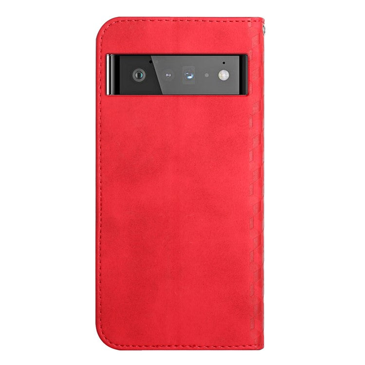 Wallet Stand Design Skin-touch Rhombus Pattern TPU Inner Case Strong Magnetic Auto-absorbed Closure Leather Phone Cover for Google Pixel 6 Pro - Red