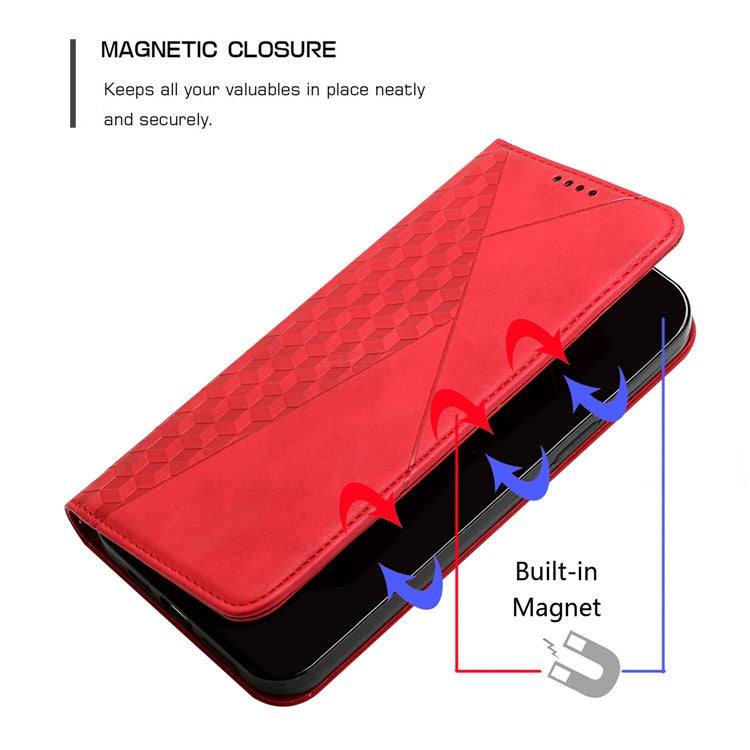 Wallet Stand Design Skin-touch Rhombus Pattern TPU Inner Case Strong Magnetic Auto-absorbed Closure Leather Phone Cover for Google Pixel 6 Pro - Red