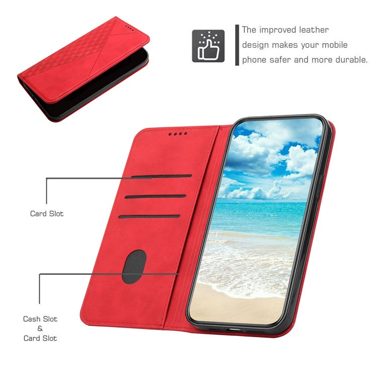 Wallet Stand Design Skin-touch Rhombus Pattern TPU Inner Case Strong Magnetic Auto-absorbed Closure Leather Phone Cover for Google Pixel 6 Pro - Red