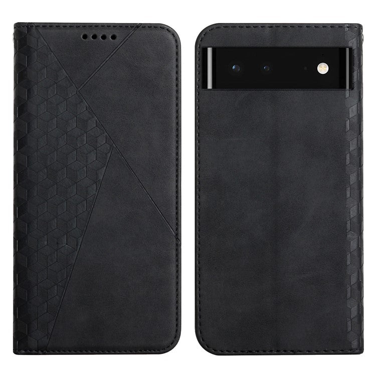 Skin-touch Rhombus Pattern Wallet Stand Design Anti-scratch Strong Magnetic Auto-absorbed Closure Leather Phone Case for Google Pixel 6 - Black