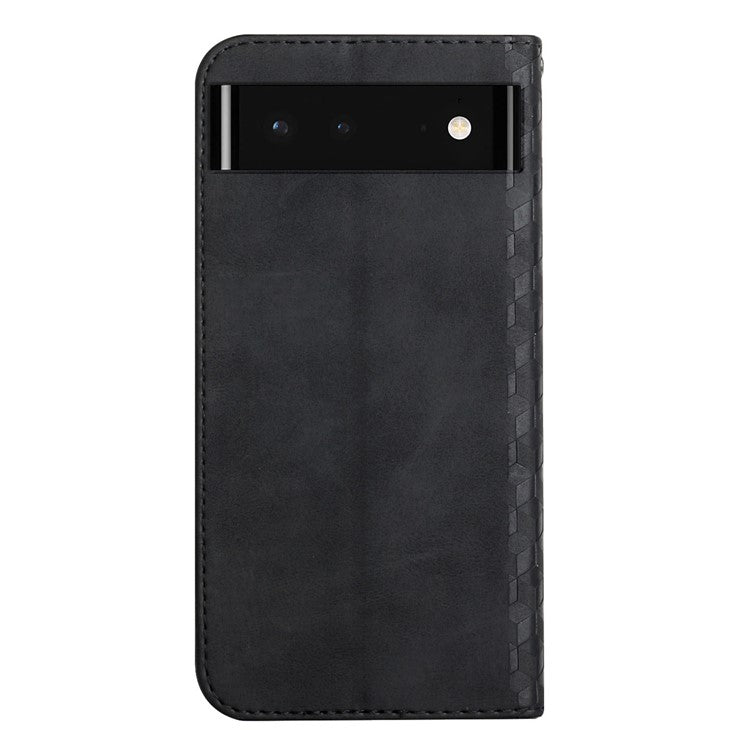 Skin-touch Rhombus Pattern Wallet Stand Design Anti-scratch Strong Magnetic Auto-absorbed Closure Leather Phone Case for Google Pixel 6 - Black