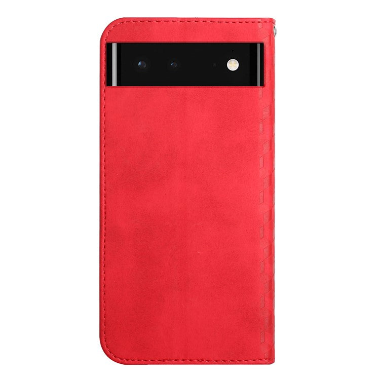 Skin-touch Rhombus Pattern Wallet Stand Design Anti-scratch Strong Magnetic Auto-absorbed Closure Leather Phone Case for Google Pixel 6 - Red