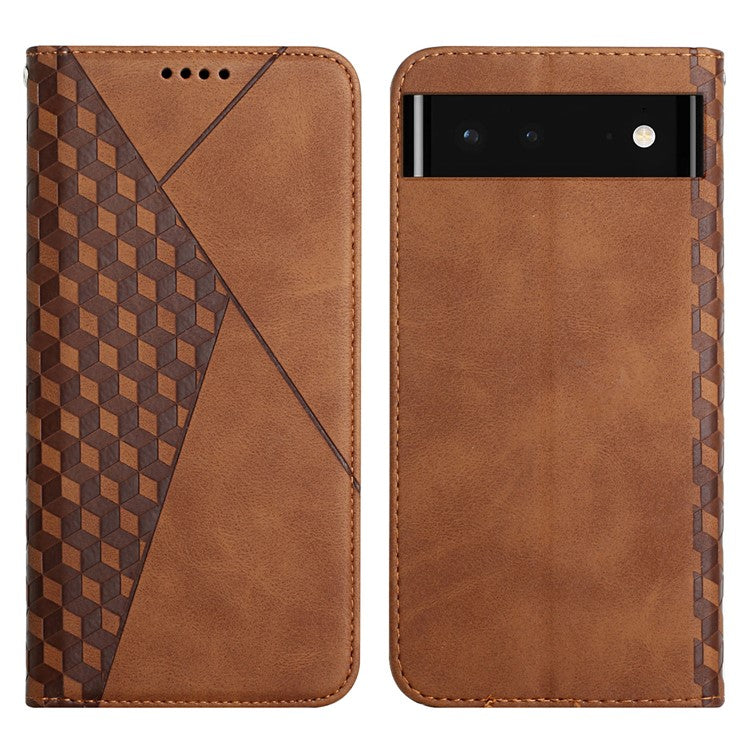 Skin-touch Rhombus Pattern Wallet Stand Design Anti-scratch Strong Magnetic Auto-absorbed Closure Leather Phone Case for Google Pixel 6 - Brown