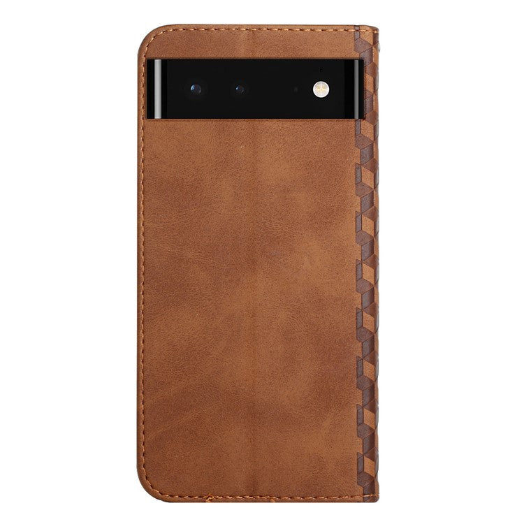 Skin-touch Rhombus Pattern Wallet Stand Design Anti-scratch Strong Magnetic Auto-absorbed Closure Leather Phone Case for Google Pixel 6 - Brown