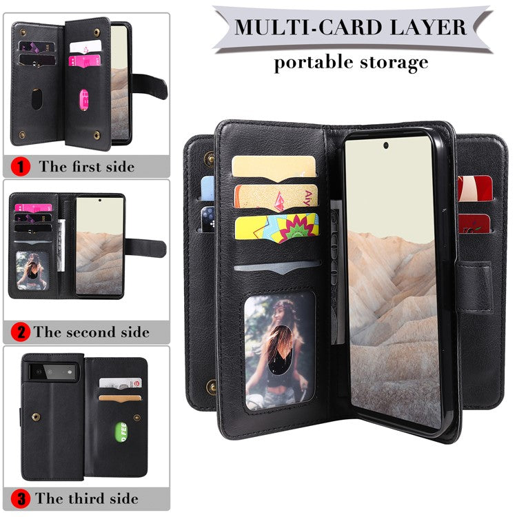 For Google Pixel 6 KT Multi-functional Series-1 PU Leather 10 Card Slots Holder Flip Cover Stand Magnetic Wallet Phone Case - Black