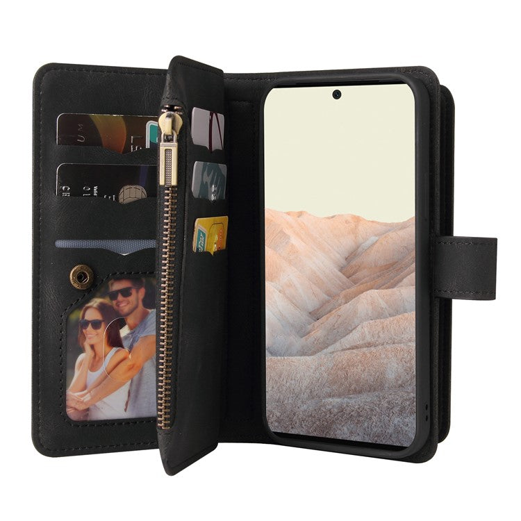 For Google Pixel 6 Pro Skin-touch Full Protection PU Leather Zipper Pocket KT Multi-functional Series-2 Multiple Card Slots Phone Cover with Stand - Black