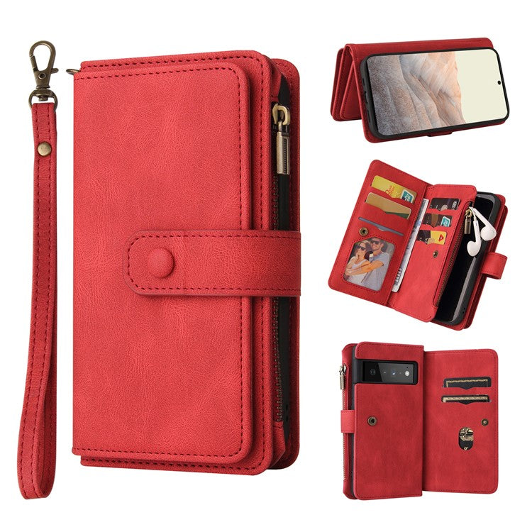 For Google Pixel 6 Pro Skin-touch Full Protection PU Leather Zipper Pocket KT Multi-functional Series-2 Multiple Card Slots Phone Cover with Stand - Red