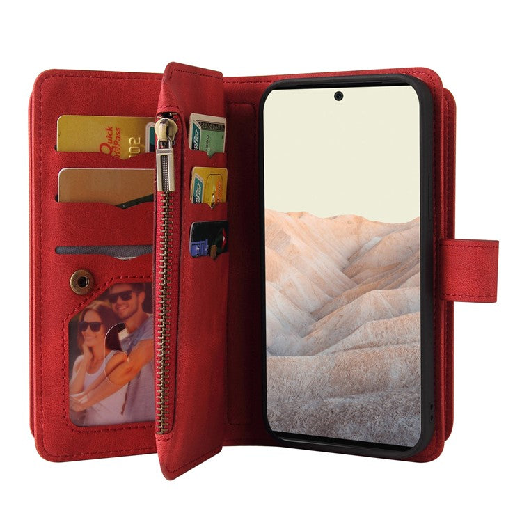 For Google Pixel 6 Pro Skin-touch Full Protection PU Leather Zipper Pocket KT Multi-functional Series-2 Multiple Card Slots Phone Cover with Stand - Red