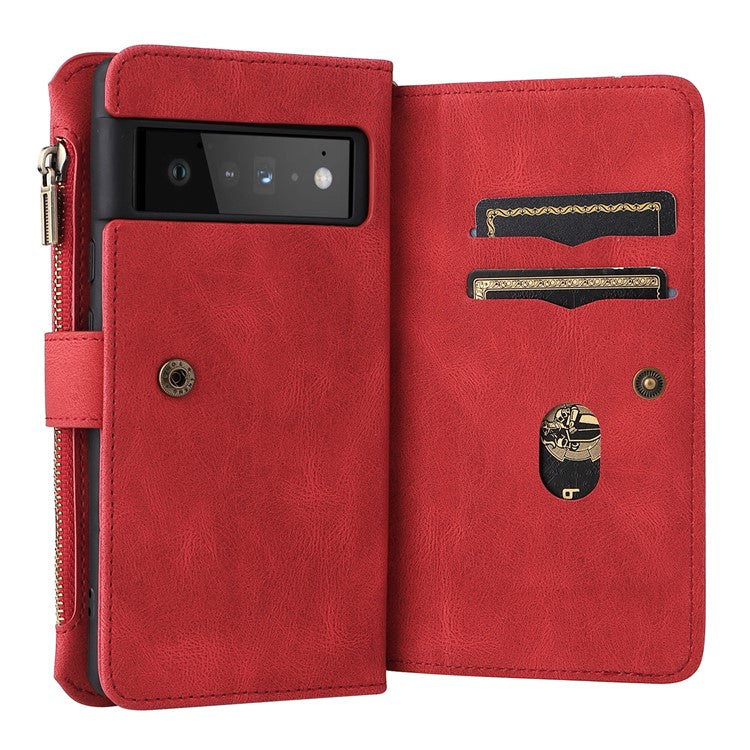 For Google Pixel 6 Pro Skin-touch Full Protection PU Leather Zipper Pocket KT Multi-functional Series-2 Multiple Card Slots Phone Cover with Stand - Red