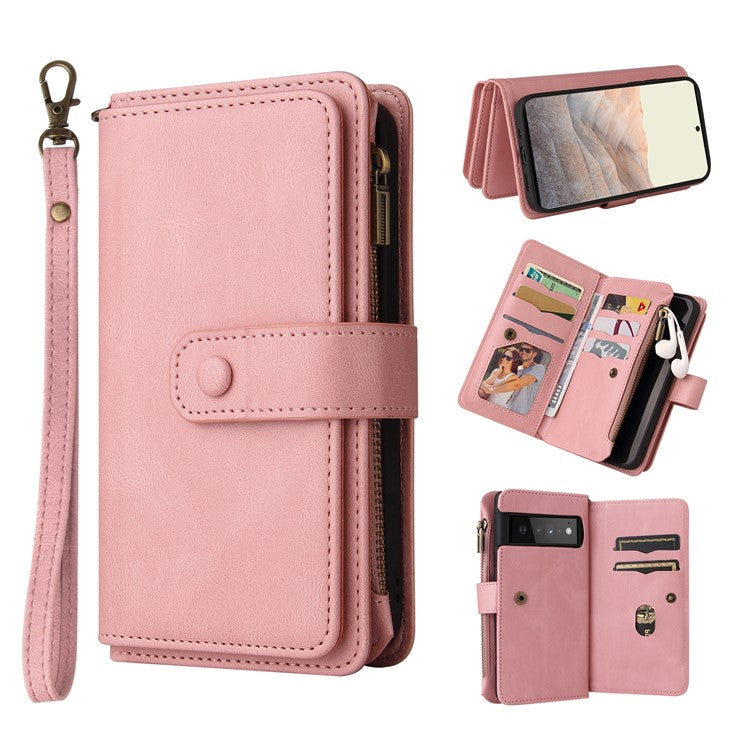 For Google Pixel 6 Pro Skin-touch Full Protection PU Leather Zipper Pocket KT Multi-functional Series-2 Multiple Card Slots Phone Cover with Stand - Pink