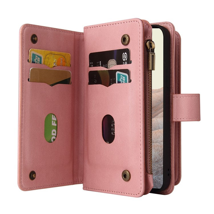 For Google Pixel 6 Pro Skin-touch Full Protection PU Leather Zipper Pocket KT Multi-functional Series-2 Multiple Card Slots Phone Cover with Stand - Pink