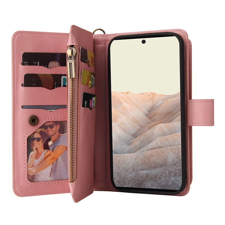 For Google Pixel 6 Pro Skin-touch Full Protection PU Leather Zipper Pocket KT Multi-functional Series-2 Multiple Card Slots Phone Cover with Stand - Pink