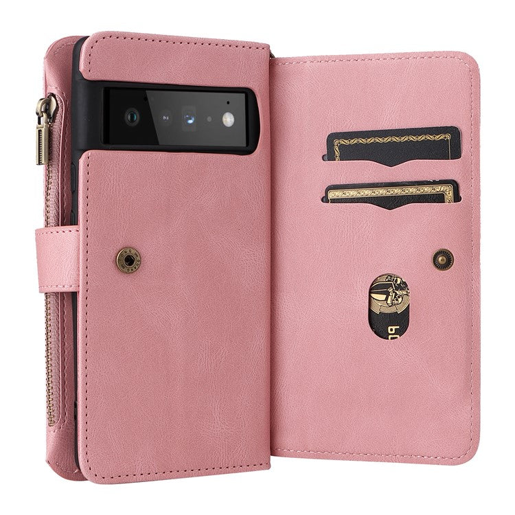 For Google Pixel 6 Pro Skin-touch Full Protection PU Leather Zipper Pocket KT Multi-functional Series-2 Multiple Card Slots Phone Cover with Stand - Pink