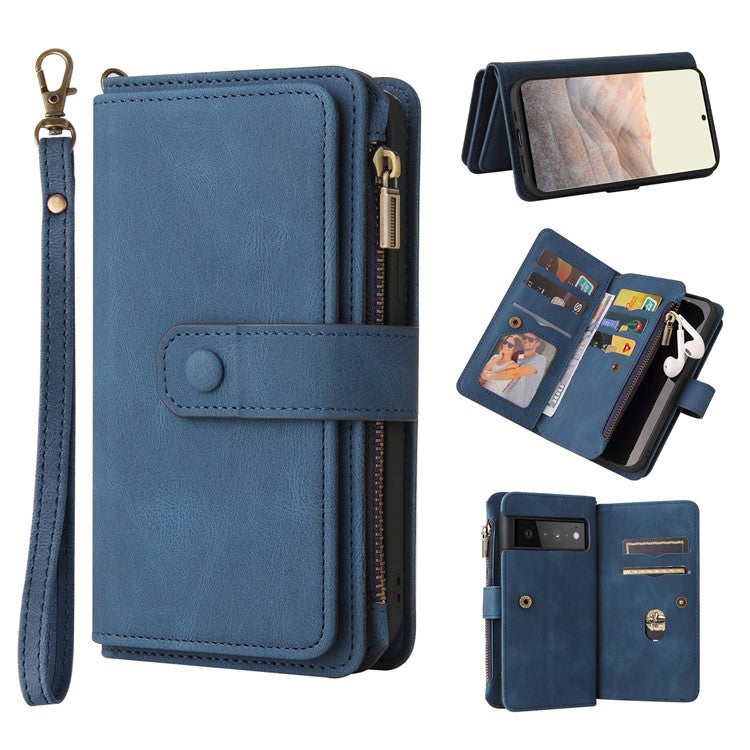 For Google Pixel 6 Pro Skin-touch Full Protection PU Leather Zipper Pocket KT Multi-functional Series-2 Multiple Card Slots Phone Cover with Stand - Blue