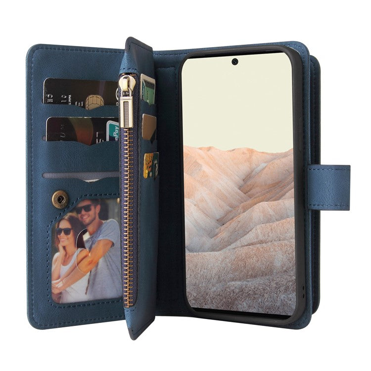 For Google Pixel 6 Pro Skin-touch Full Protection PU Leather Zipper Pocket KT Multi-functional Series-2 Multiple Card Slots Phone Cover with Stand - Blue