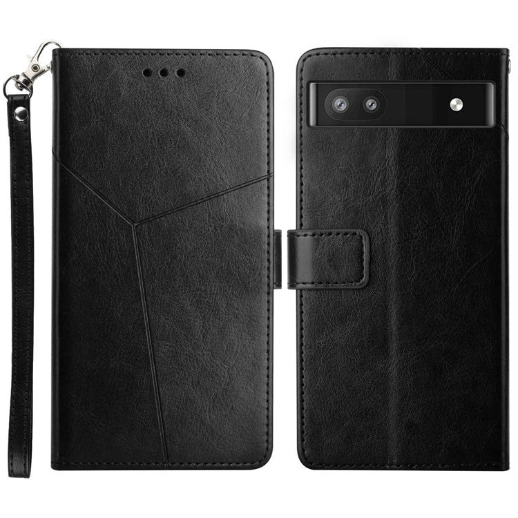 For Google Pixel 6a Y-shaped Lines Imprinted Handy Strap Magnetic PU Leather Stand Flip Wallet Phone Cover - Black