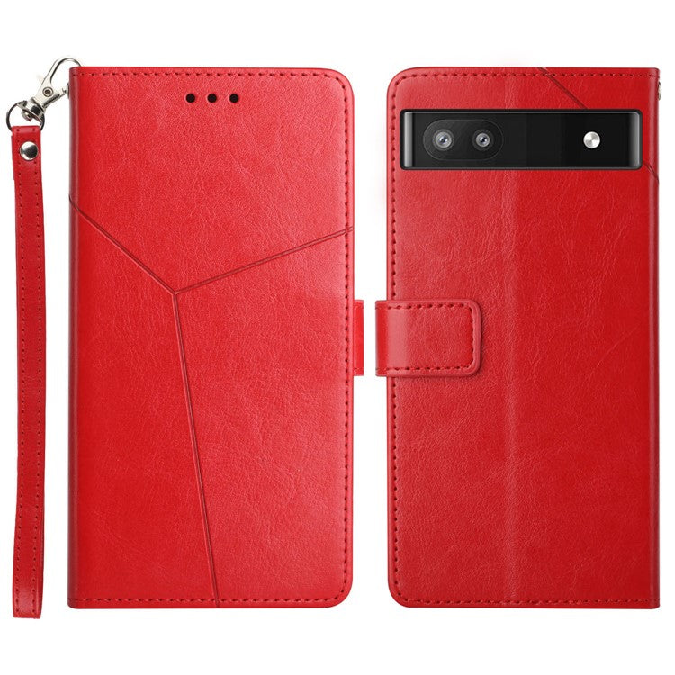 For Google Pixel 6a Y-shaped Lines Imprinted Handy Strap Magnetic PU Leather Stand Flip Wallet Phone Cover - Red