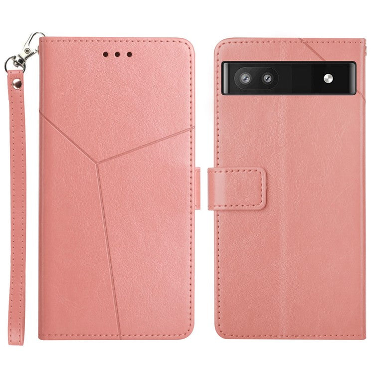 For Google Pixel 6a Y-shaped Lines Imprinted Handy Strap Magnetic PU Leather Stand Flip Wallet Phone Cover - Pink