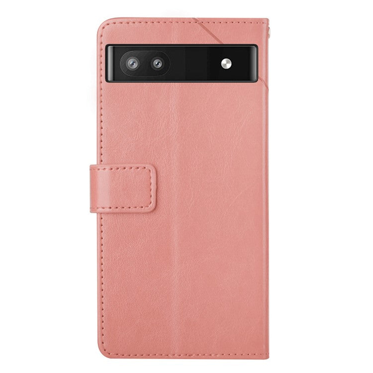 For Google Pixel 6a Y-shaped Lines Imprinted Handy Strap Magnetic PU Leather Stand Flip Wallet Phone Cover - Pink