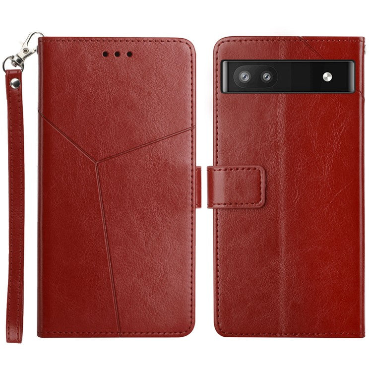 For Google Pixel 6a Y-shaped Lines Imprinted Handy Strap Magnetic PU Leather Stand Flip Wallet Phone Cover - Wine Red