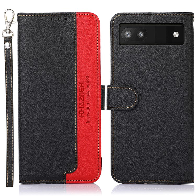 KHAZNEH RFID Blocking Litchi Texture PU Leather Case Wallet Phone Stand Case with Anti-lost Lanyard for Google Pixel 6a - Black