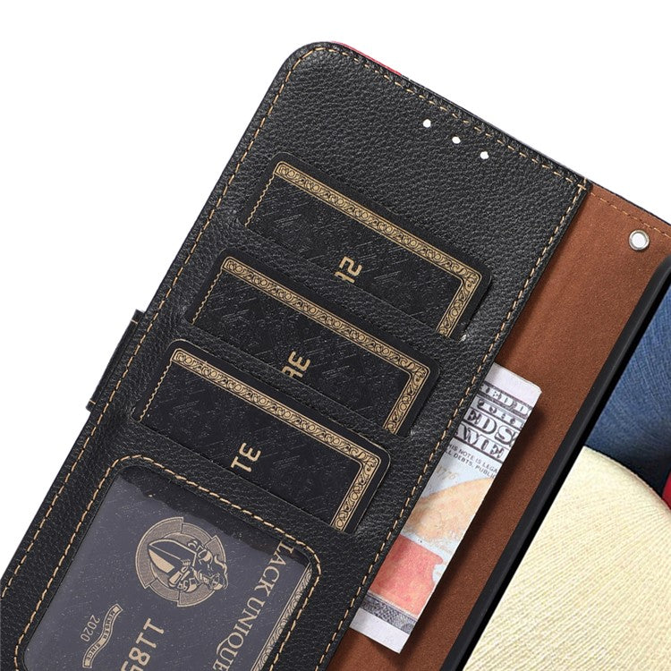 KHAZNEH RFID Blocking Litchi Texture PU Leather Case Wallet Phone Stand Case with Anti-lost Lanyard for Google Pixel 6a - Black