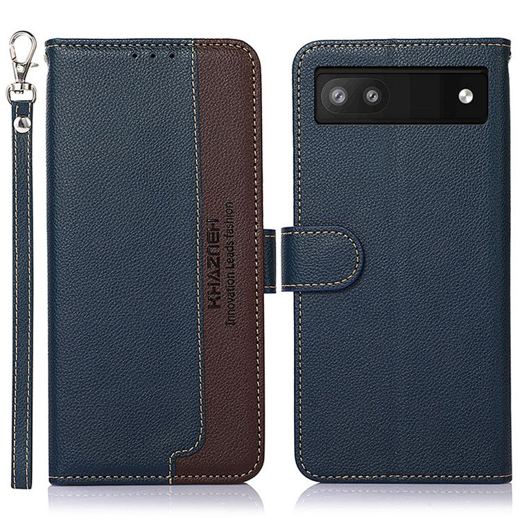 KHAZNEH RFID Blocking Litchi Texture PU Leather Case Wallet Phone Stand Case with Anti-lost Lanyard for Google Pixel 6a - Blue