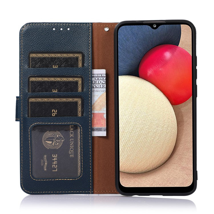 KHAZNEH RFID Blocking Litchi Texture PU Leather Case Wallet Phone Stand Case with Anti-lost Lanyard for Google Pixel 6a - Blue