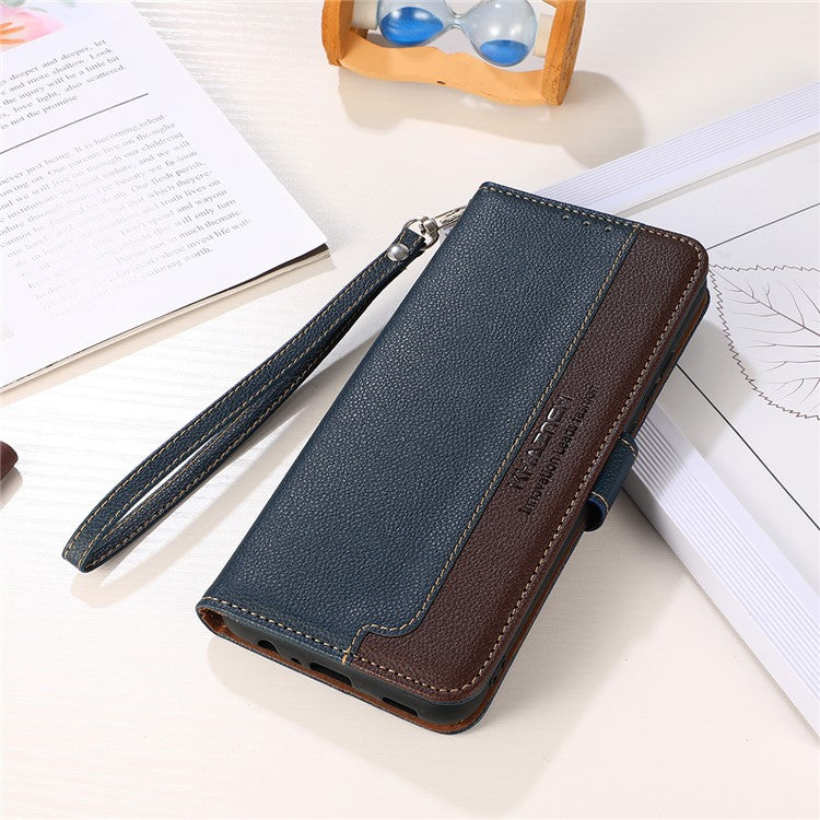 KHAZNEH RFID Blocking Litchi Texture PU Leather Case Wallet Phone Stand Case with Anti-lost Lanyard for Google Pixel 6a - Blue