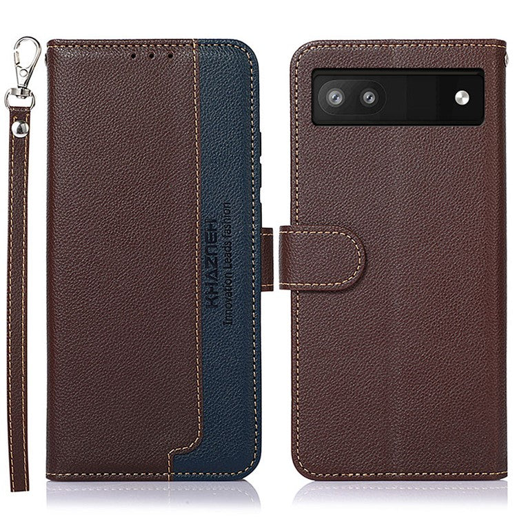 KHAZNEH RFID Blocking Litchi Texture PU Leather Case Wallet Phone Stand Case with Anti-lost Lanyard for Google Pixel 6a - Brown