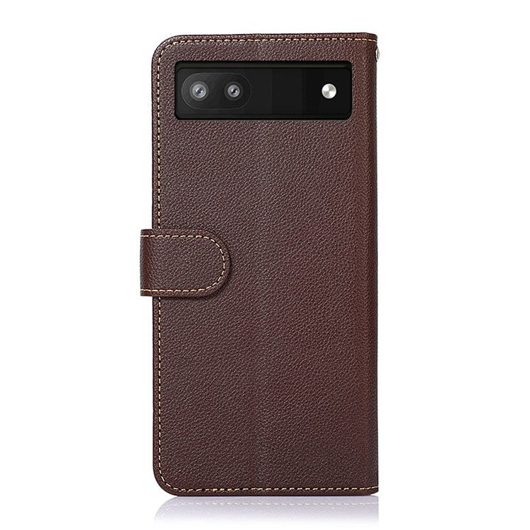 KHAZNEH RFID Blocking Litchi Texture PU Leather Case Wallet Phone Stand Case with Anti-lost Lanyard for Google Pixel 6a - Brown