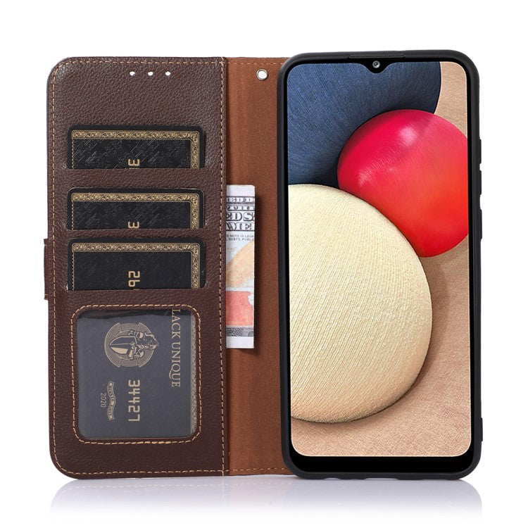 KHAZNEH RFID Blocking Litchi Texture PU Leather Case Wallet Phone Stand Case with Anti-lost Lanyard for Google Pixel 6a - Brown