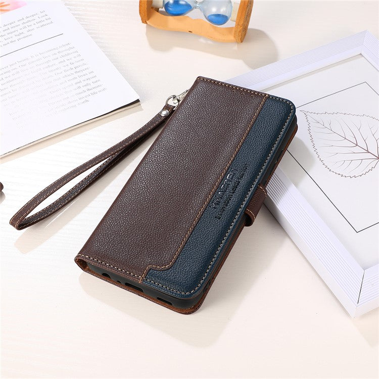 KHAZNEH RFID Blocking Litchi Texture PU Leather Case Wallet Phone Stand Case with Anti-lost Lanyard for Google Pixel 6a - Brown