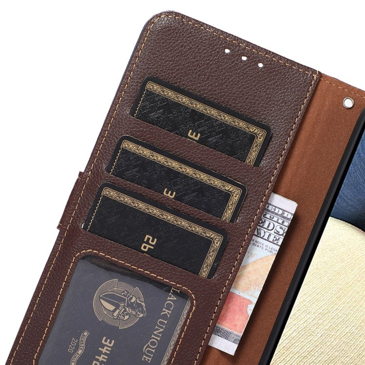 KHAZNEH RFID Blocking Litchi Texture PU Leather Case Wallet Phone Stand Case with Anti-lost Lanyard for Google Pixel 6a - Brown