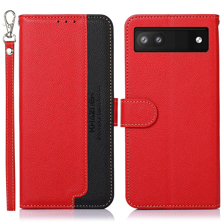 KHAZNEH RFID Blocking Litchi Texture PU Leather Case Wallet Phone Stand Case with Anti-lost Lanyard for Google Pixel 6a - Red