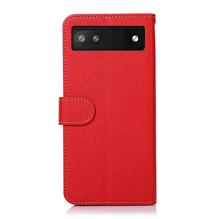 KHAZNEH RFID Blocking Litchi Texture PU Leather Case Wallet Phone Stand Case with Anti-lost Lanyard for Google Pixel 6a - Red